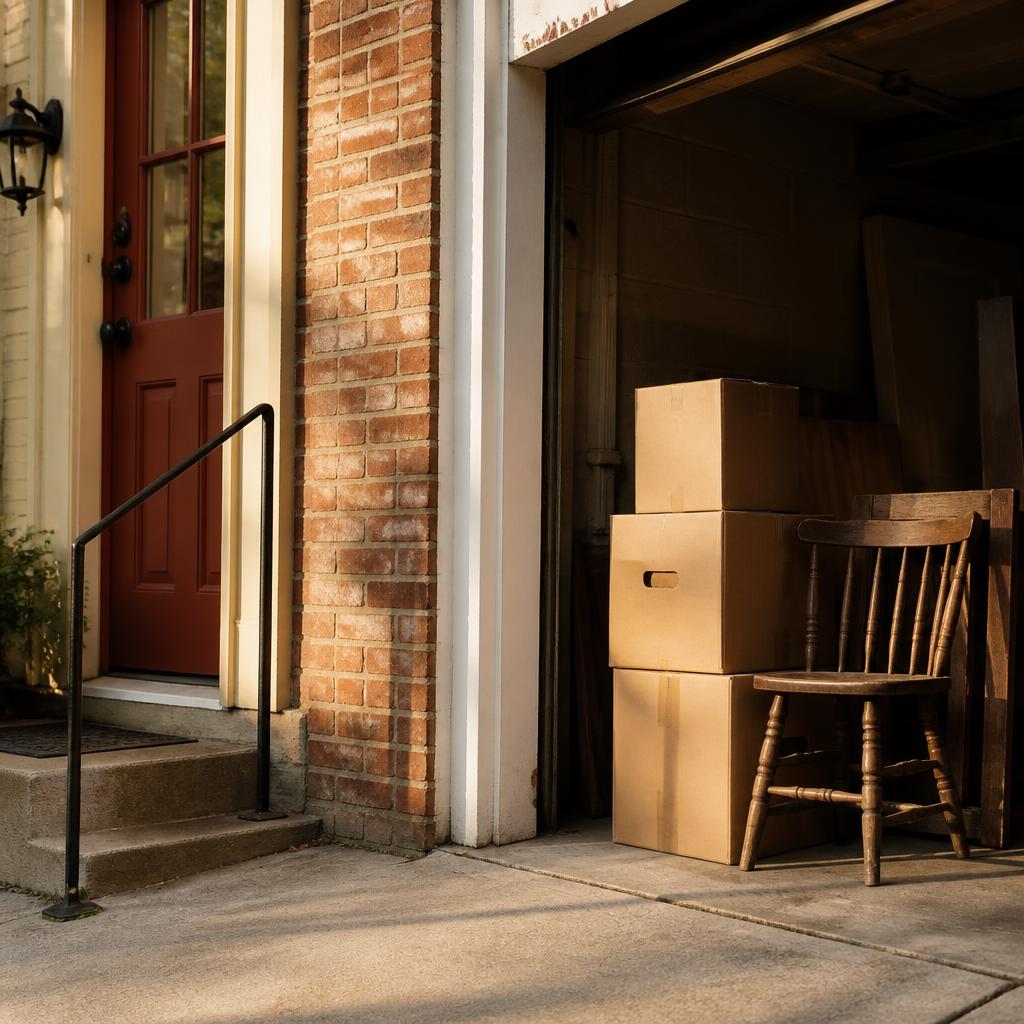 Sunlit Lancaster property entrance with boxes ready for removal